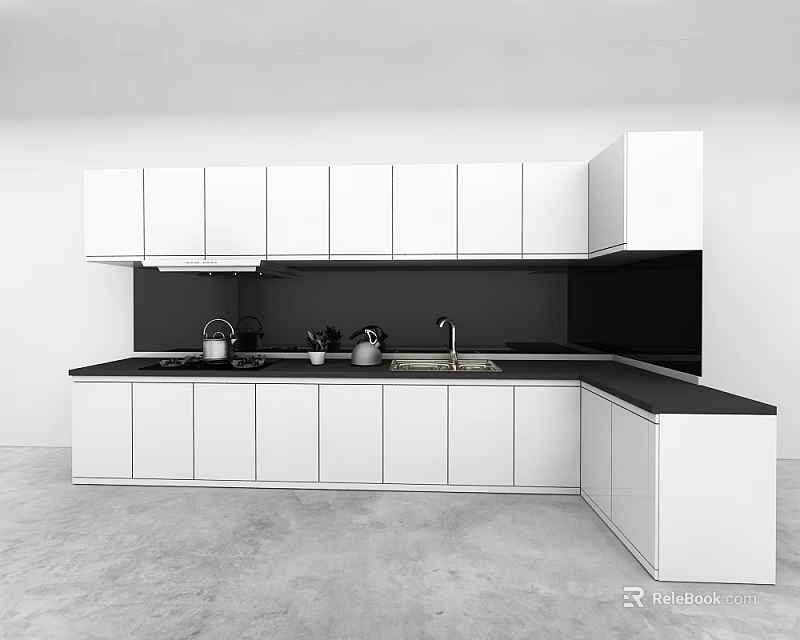 Modern Kitchen Interior Design With White Cabinets And Black Countertop 3d model