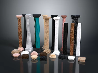 Scenic Garden Landscape With Colorful Decorative Columns Of Various Materials And Round Bases 3d model