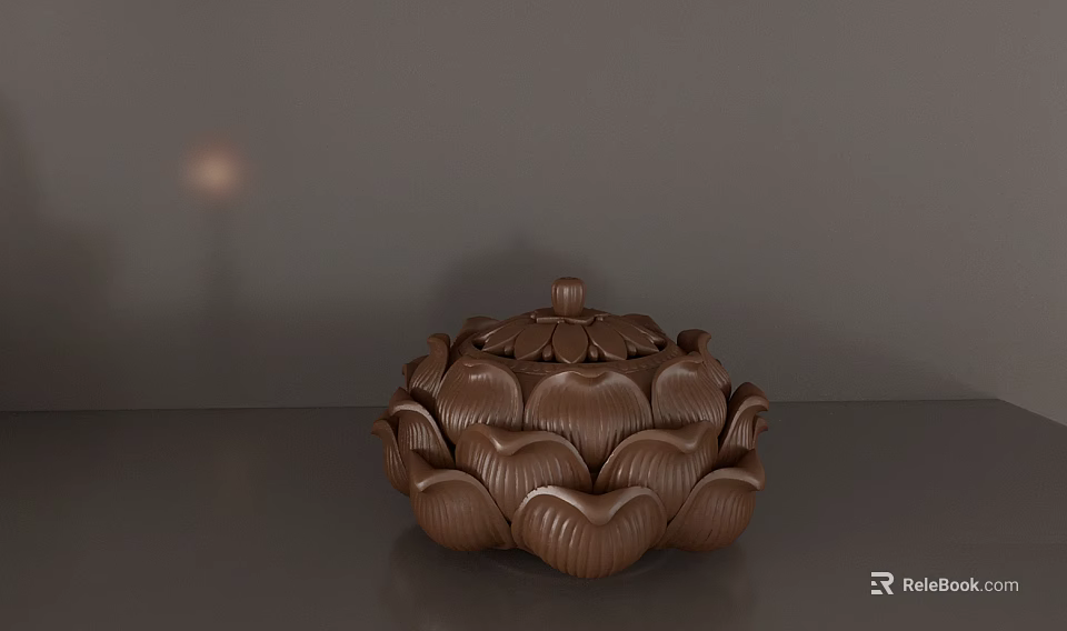 Decorative Ornament Set Brown Lotus Shaped Design With Lid And Petal Texture For Home Decor 3d model 