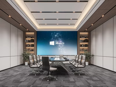Modern Conference Room Interior With Large Screen Conference Table Chairs Bookshelves And Green Plants 3d model