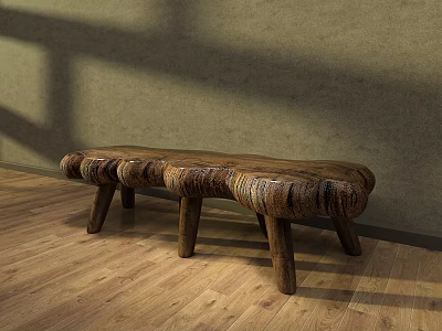 Wooden Public Bench With Natural Texture And Sturdy Legs On Wooden Floor 3d model