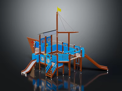 Ship Shaped Playground Equipment with Blue Brown Structure Slides Stairs and Yellow Flag on Top 3d model