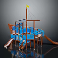 Ship Shaped Playground Equipment with Blue Brown Structure Slides Stairs and Yellow Flag on Top