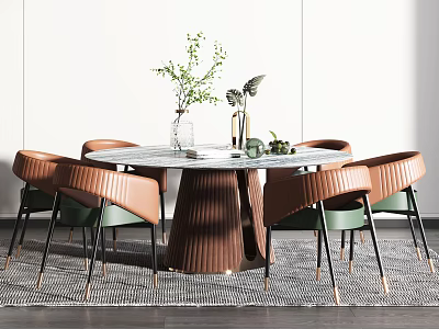 Elegant Marble Dining Table Set with Brown Green Chairs and Metal Legs 3d model