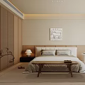 Modern Minimalist Bedroom Interior With Wooden Beige Headboard Bed Checkered Pillows And Abstract Artwork