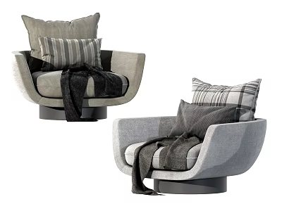 Modern Single Sofa With Gray Upholstery Striped Pillows And Cozy Blanket 3d model