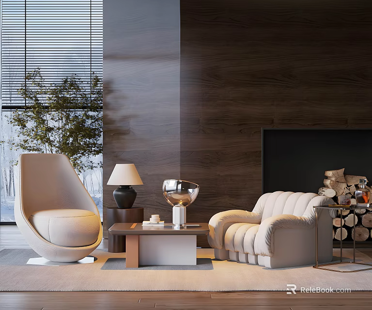 Modern Single Sofa Living Room Interior With Wooden Wall Coffee Table And Lamp 3d model 