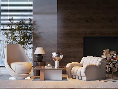 Modern Single Sofa Living Room Interior With Wooden Wall Coffee Table And Lamp 3d model