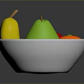 White Bowl With Colorful Fruits Including Yellow Pear Red Apple Green Pear And Orange