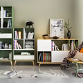 Modern Green And White Bookcase Design With Books Decorative Items In Living Room