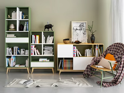 Modern Green And White Bookcase Design With Books Decorative Items In Living Room 3d model