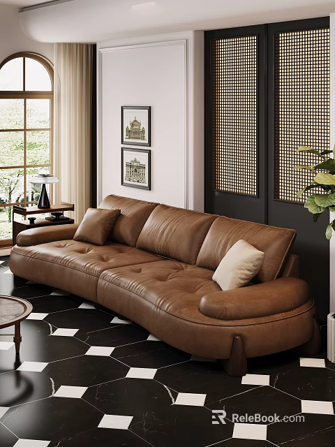 Brown Leather Sectional Sofa In Living Room With Curved Design And Black White Tiled Floor 3d model 