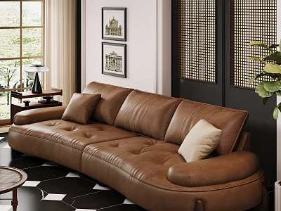 Brown Leather Sectional Sofa In Living Room With Curved Design And Black White Tiled Floor 3d model