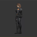 3D Female Character Model in Dark Combat Suit with Orange Accents Standing Pose