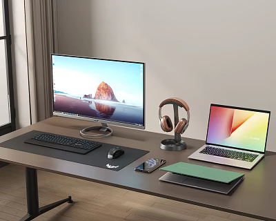 Modern Computer Workstation Setup With Monitor Laptop Tablet Keyboard Mouse Headphones And Smartphone 3d model