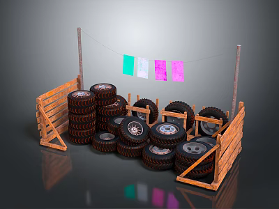 Stacked Car Tires In Wooden Frames With Colorful Cloth Pieces On Clothesline 3d model