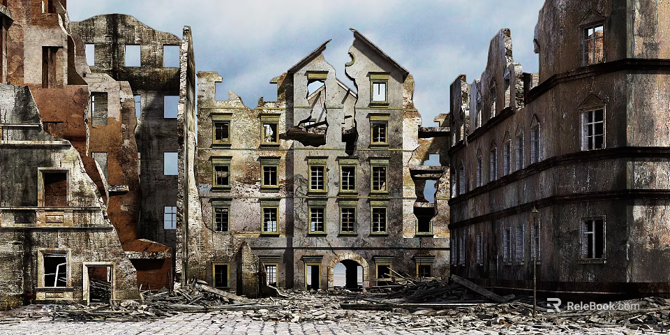 Ruined Building Components In Multi Story Historic Architecture With Damaged Walls And Window Frames 3d model 