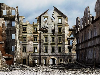 Ruined Building Components In Multi Story Historic Architecture With Damaged Walls And Window Frames 3d model