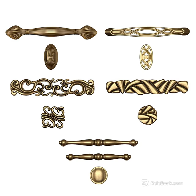 Various Decorative Door Handles Vintage Brass Finish With Ornate Patterns And Classic Shapes 3d model 