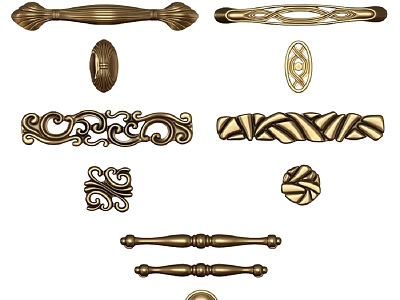 Various Decorative Door Handles Vintage Brass Finish With Ornate Patterns And Classic Shapes 3d model