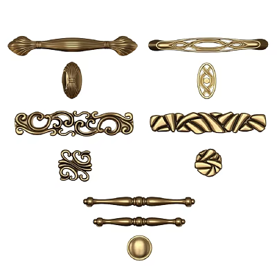 Various Decorative Door Handles Vintage Brass Finish With Ornate Patterns And Classic Shapes 3d model