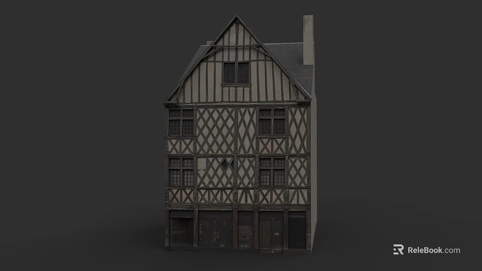 Traditional Timber Framed Historical City Building With Multiple Windows And Chimney Structure 3d model 