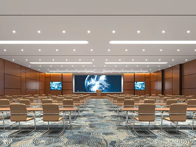 Modern Conference Room With Large Screen Wooden Walls Tables Chairs And Lighting 3d model