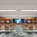 Modern Conference Room With Large Screen Wooden Walls Tables Chairs And Lighting