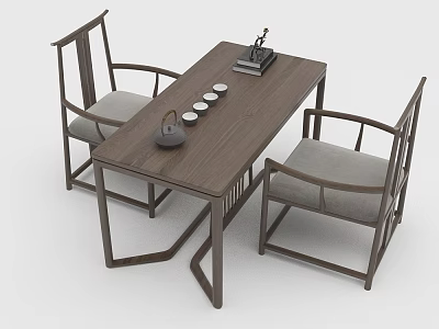 Simple Wooden Tea Table And Chairs Design With Teapot And Teacups 3d model