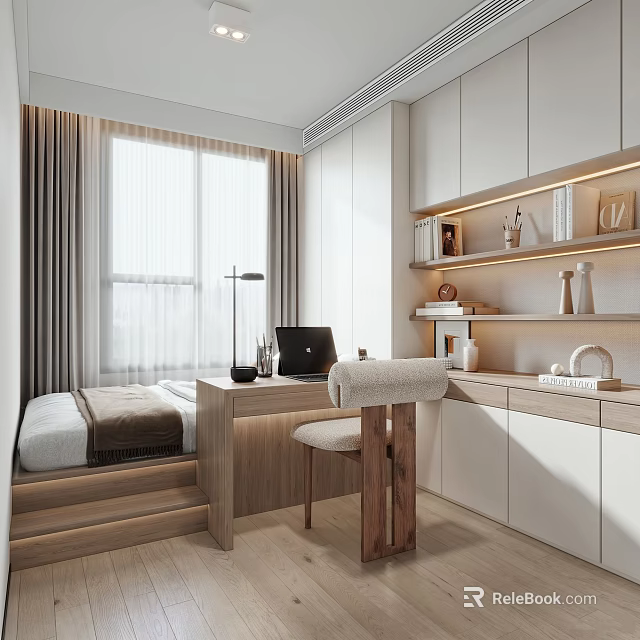 Modern Tatami Bedroom Interior Design With Tatami Bed Desk Laptop Shelves And Storage 3d model 
