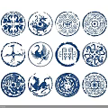 Ornate Traditional Chinese Circular Blue Decorative Patterns With Dragon Crane Elements