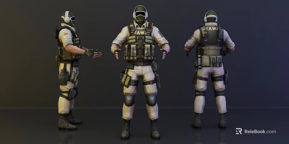 Game Character in Tactical Gear with LAVA Vest Helmet and Knee Pads Three Angles View 3d model 