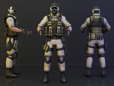 Game Character in Tactical Gear with LAVA Vest Helmet and Knee Pads Three Angles View 3d model