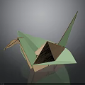 Green And Beige Origami Crane Paper Craft On Black Reflective Background