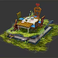 Cartoon Scene Featuring Opened Book Dining Table Chairs Red Heart Green Grass and Flower Bouquet