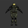 Armored Humanoid Creature in Tactical Suit With Helmet and Protective Gear Standing Pose