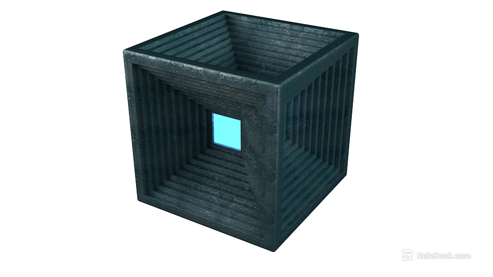 Commercial Equipment Cube Structure With Striped Design And Blue Square Window 3d model