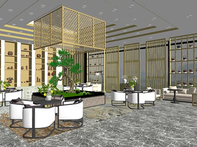 Elegant Hotel Public Lounge With Golden Lattice Green Plants And Marble Floor 3d model