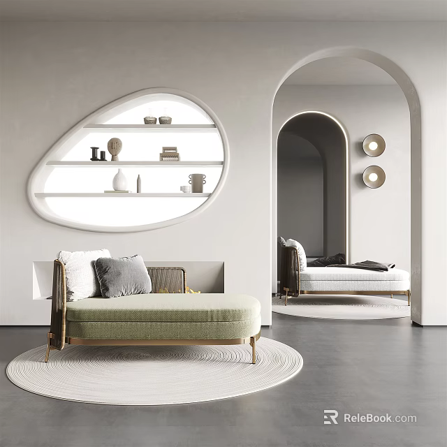 Modern Light Green Chaise Lounge On Round Rug With Arched Doorway And Oval White Shelf 3d model 