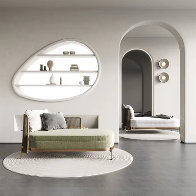 Modern Light Green Chaise Lounge On Round Rug With Arched Doorway And Oval White Shelf 3d model