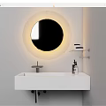 Modern Bathroom Washbasin With Circular Illuminated Mirror Faucet And Shelf With Toiletries