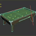 Wooden Billiard Table With Green Felt Surface Yellow Balls And Cue Stick