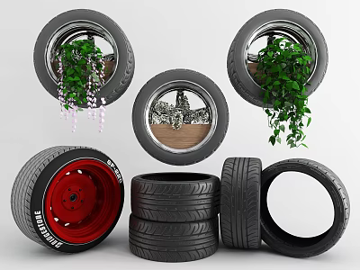 Repurposed Tires as Planters with Green Plants Purple Flowers Stacked Tires and Red Rim 3d model
