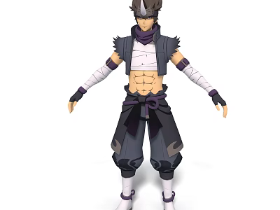 Anime Style Man With Spiky Hair Sleeveless White Top Arm Wraps Black Pants Purple Belt 3d model