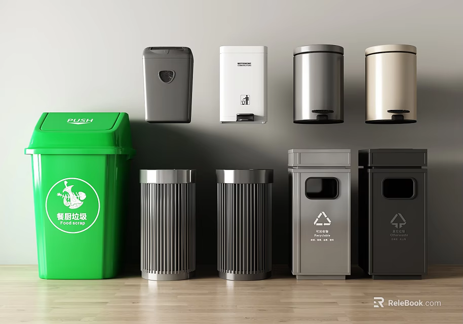 Multiple Trash Bins In Various Colors And Designs Including Wall Mounted And Standing Types 3d model 