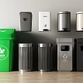 Multiple Trash Bins In Various Colors And Designs Including Wall Mounted And Standing Types