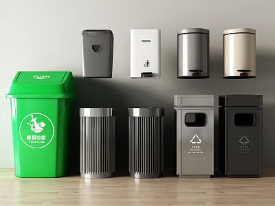 Multiple Trash Bins In Various Colors And Designs Including Wall Mounted And Standing Types 3d model