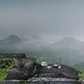 Serene Mountain Landscape With Misty Peaks Teapot Cup Ferns On Rocks And Birds