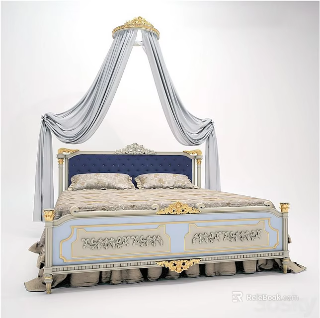 Elegant Classic Canopy Bed With Blue Upholstered Headboard And Gold Carved Accents 3d model 