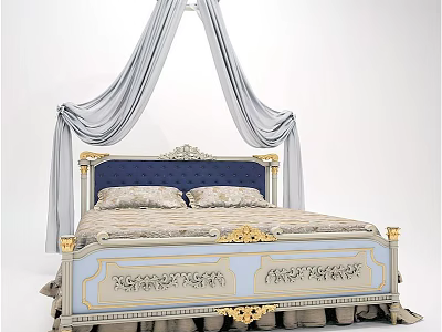 Elegant Classic Canopy Bed With Blue Upholstered Headboard And Gold Carved Accents 3d model